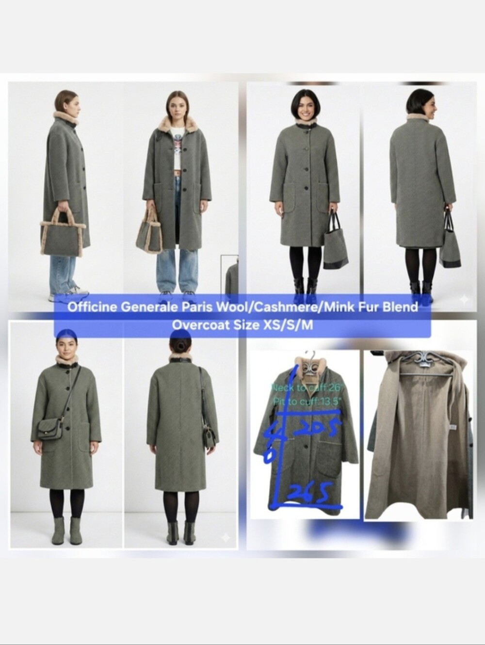 Officine Generale Paris Wool/Cashmere/Mink Fur Blend Overcoat Sizes XS/S/M